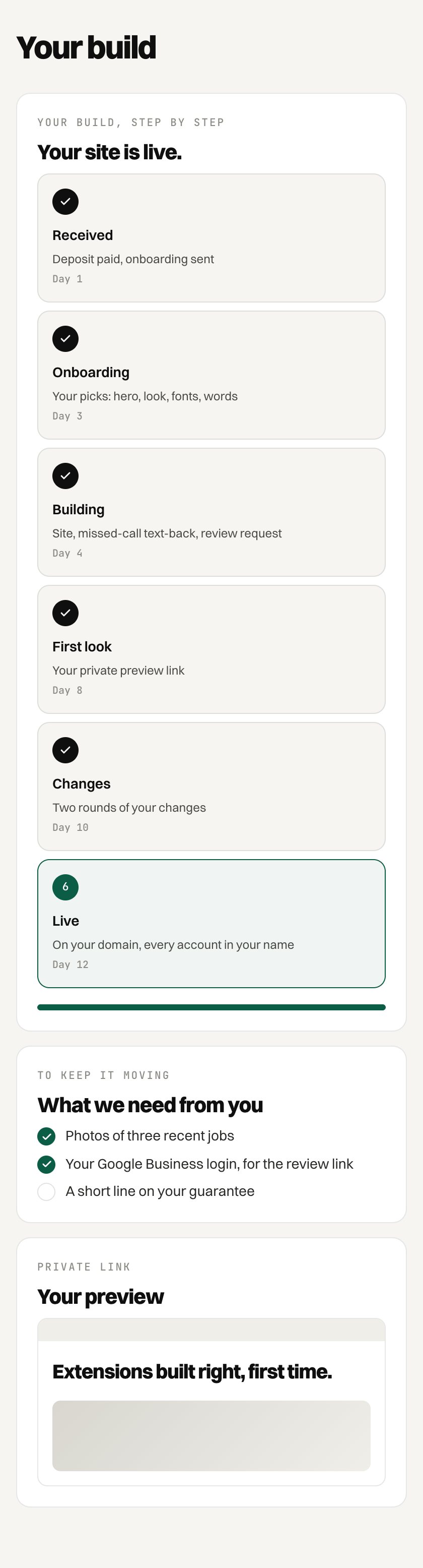 The client dashboard on a phone: Your build